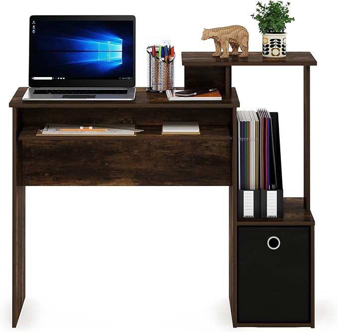 Furinno ECON Desk, 40" Gaming Desk with Keyboard Tray, Computer Desk, Office Desk with Side Shelves and Storage Bin, 40-Inch, for Home Office, Study Room, Dorm, Amber Oak