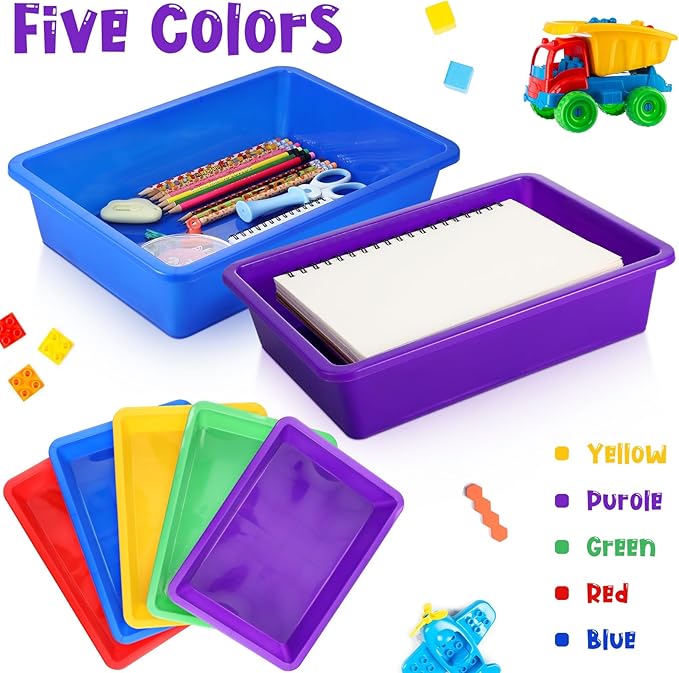 Hoteam 5 Pcs Paper Trays for Classroom Plastic Storage Bin Tray Bulk Stackable File Organizer for School Office Teacher Book Organization Supplies(Classic Color,13.78 x 9.84 x 3.15 Inch)