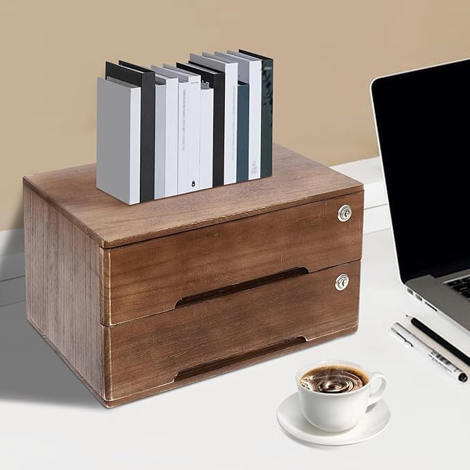 Wooden Desk Organizer with Drawers & Lock, Desktop Countertop Storage Cabinet Lockable Home Office Supplies File Tabletop Organizing Unit (2 Drawer - Retro Walnut)