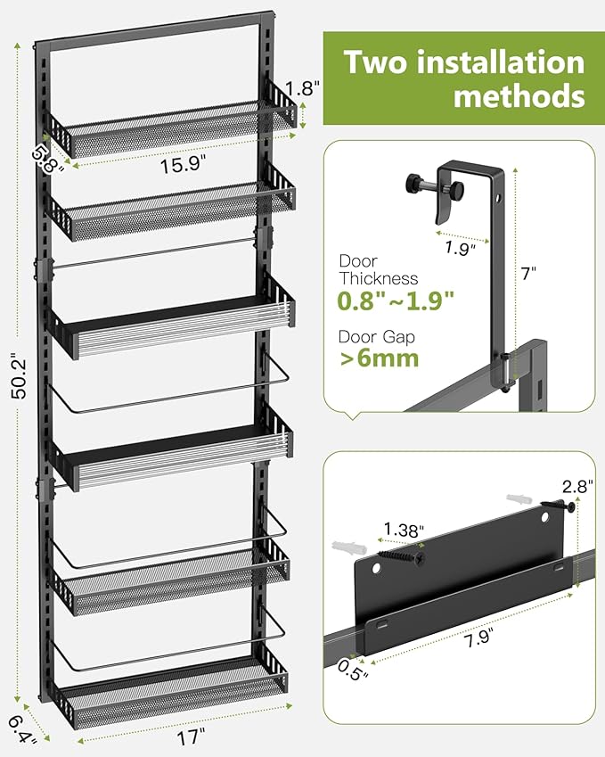 POKIPO 6-Tier Over the Door Pantry Organizer, 2 in 1 Large Door Spice Rack with Adjustable Metal Baskets, Heavy Duty Hanging or Wall Mounted Storage Organizer for Kitchen Pantry and Room Wall