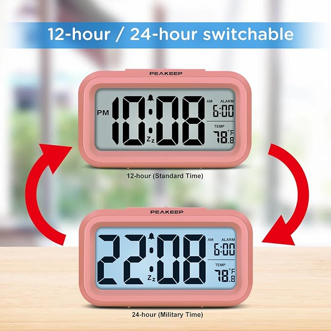 Peakeep Night Light Digital Alarm Clock with Indoor Temperature, Battery Operated Desk Small Clock (Light Salmon Pink)