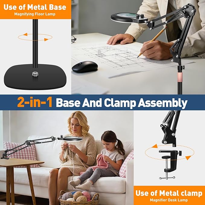 KIRKAS 30X 12X Magnifying Glass with Light and Stand, Stepless Brightness Color Modes & Adjustable Height Floor Magnifying Lamp, 2 in 1 Lighted Magnifier for Craft Reading Sewing Close Work- Black