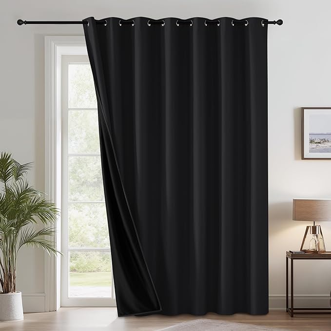 RYB HOME Extra Long 100% Blackout Room Divider Curtains for Bedroom 108 Inch Long, Extra Wide Privacy Sliding Door Blinds for Patio/Living Room/Dining, 1 Panel, W100 x L108, Black