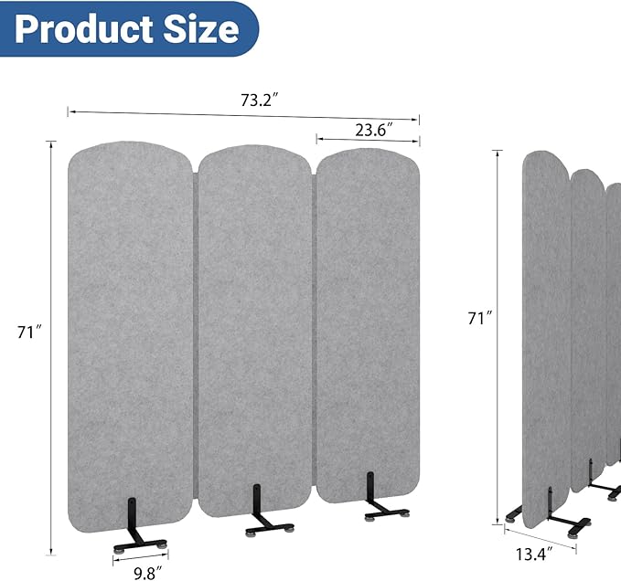 Natwind 3-Panel Office Room Divider, 73.2 x 71 inches Portable Office Partition, Freestanding Folding Privacy Wall for Cubicle & Temporary Indoor Space Separation (Grey)