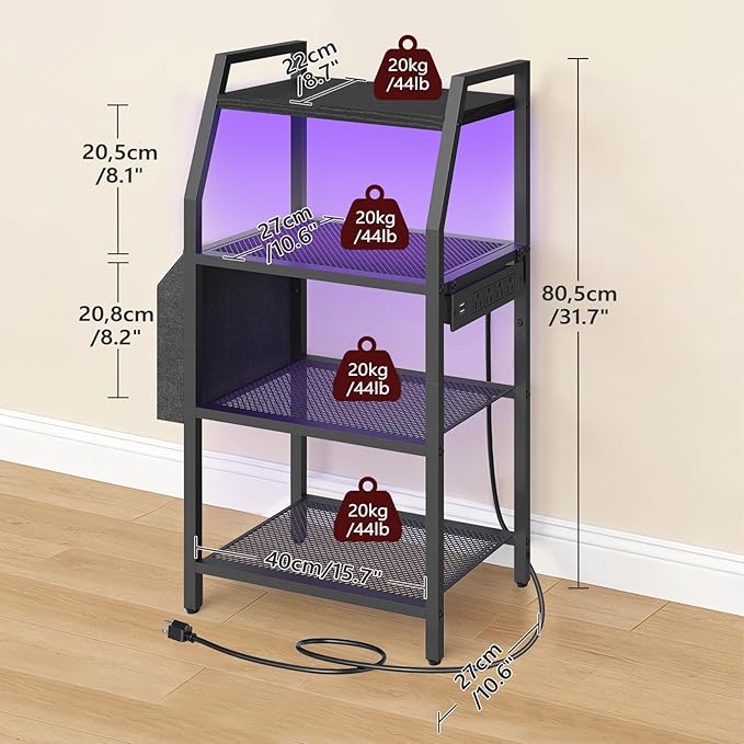 MAHANCRIS 4-Tier AV Media Stand with Power Outlet & LED Lights, Game Console Shelf with Side Storage Bag, Corner Stereo Stand Rack Audio Tower for Small Video DVD Players and Boxes, Black MSBK01E01