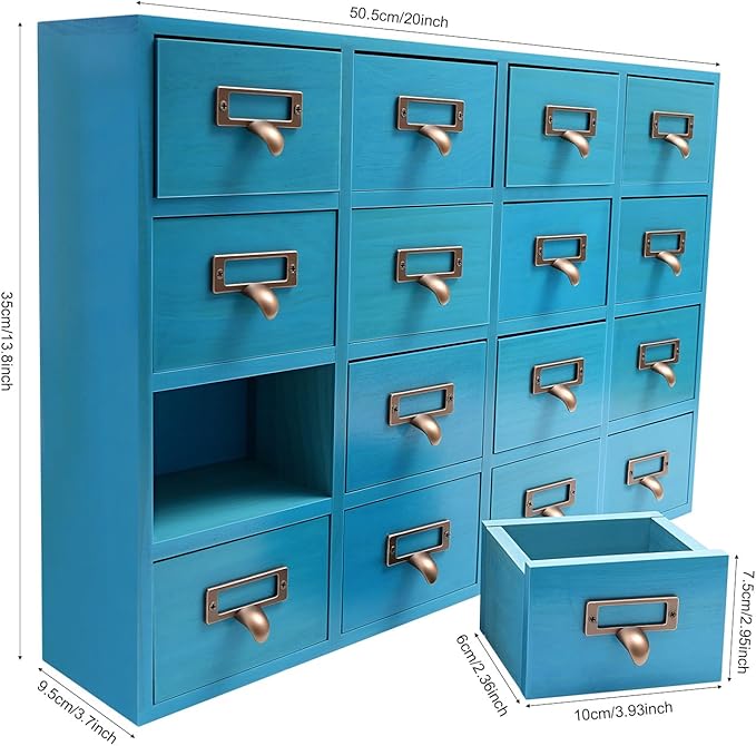 16-Drawer Wooden Desk Organizer Storage Box with Label Holders Vintage Wood Desktop Organizer, Desk Drawer Unit Collectors Box for Living Rooms, Bedrooms, Offices (Blue, 1PC, 16 Drawers)