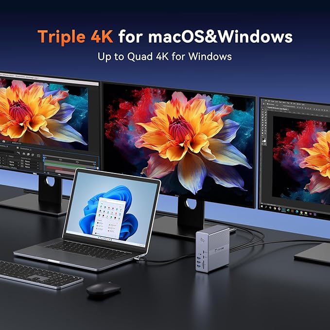 TobenONE DisplayLink Docking Station Triple Monitor with 120W Power Adapter, Triple 4K Display for MacBook Pro/Air, Thunderbolt 4/3, USB-C Windows(3X HDMI, 3X DP, 2xUSB-C, 4xUSB 3.2, SD/TF)