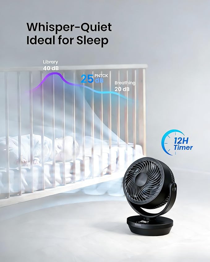 PNTCK Air Circulator Fan for Bedroom, 13" Table Fan with Remote, 90° Oscillating & 120° Tilt, 60ft Strong Airflow, Quiet 25dB Electric Fan with 4 Speeds, 4 Modes & 12H Timer