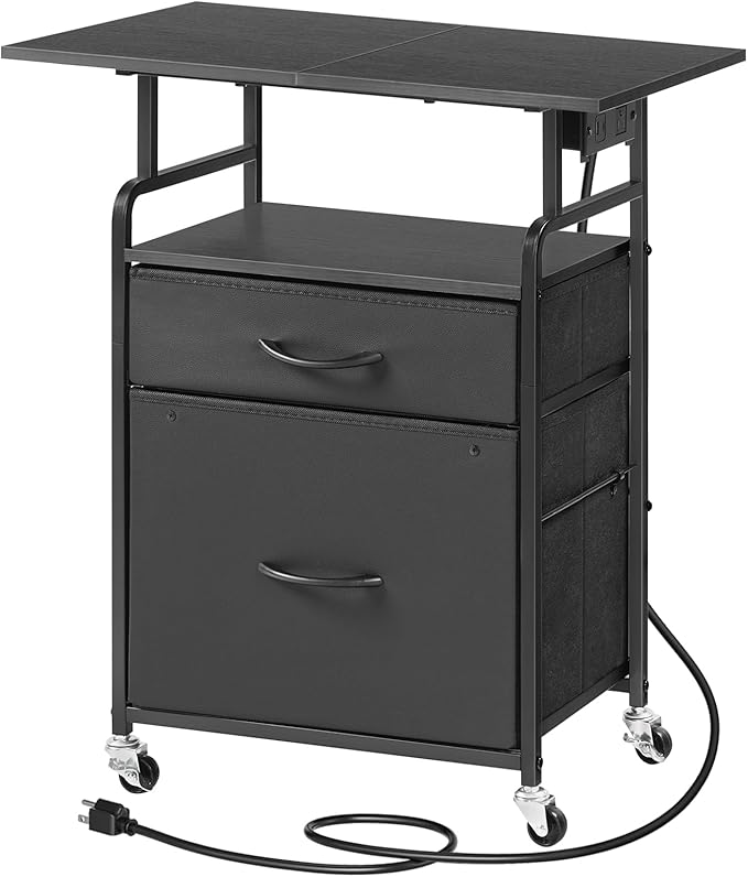 HOOBRO Printer Stand, Printer Table with Drawers, Mobile Filing Cabinet with Charging Station, Printer Cart for Home Office, Living Room, Black BB15UPS01
