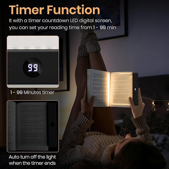 Flat Book Light, Rechargeable Clear LED Smart Reading Light with 3 Colors & Timer, Dimmable Full Page Panel Plate Lamp, Eye Protection, Portable Flat Reading Light for Bedside, Travel, Study (Black)