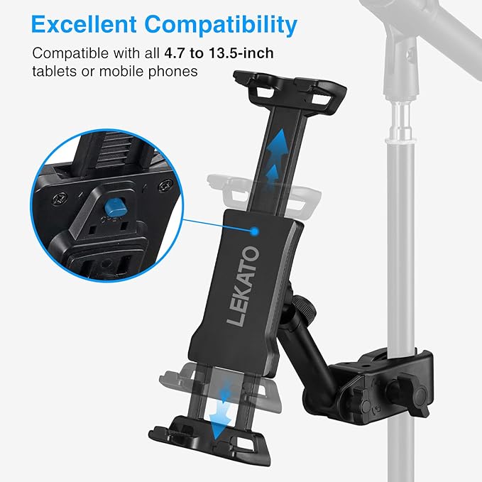 LEKATO Tablet Holder for Mic Stand, Adjustable Microphone Music Stand Phone Holder Mount, Compatible with iPad, iPhone, All 4.7-13.5 Inches Tablets & Smartphones