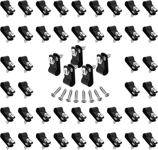 60pcs 1/4 Inch Nylon Cable Clamps, R-Type Wire Cable Clips with M4 Screws, Screw Mounting Cord Fastener Wire Conduit Clamp for Wire Management (Black)