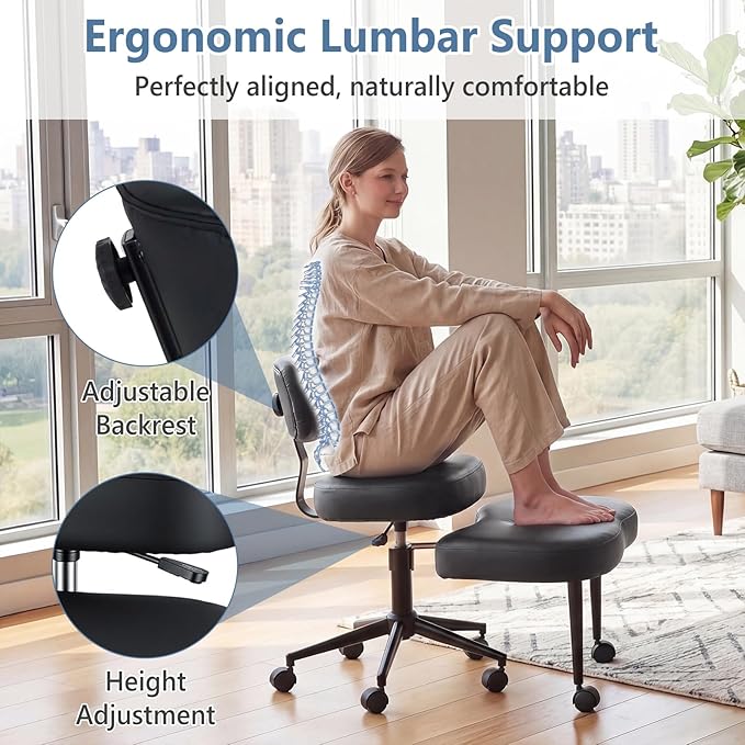 DUMOS Ergonomic ADHD Cross Legged Office Desk Chair with Adjustable Backrest, Height Adjustable Meditation Chair with 360° Swivel Footstool, PU Leather Yoga Stool for Home Office, PU Black