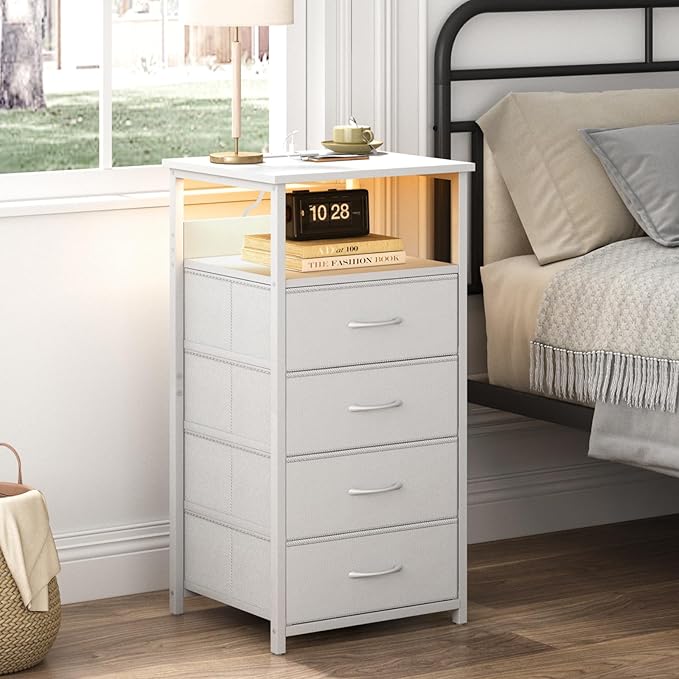Fixwal Tall Nightstand with Charging Station, Night Stand with U-S-B Ports and Outlets, 4 Fabric Storage Drawers with PU Finish, Small Dresser Bed Side Table, White