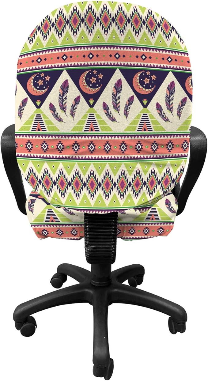 Ambesonne Aztec Office Chair Slipcover, Bohemian Composition of Crescent Stars and Feathers, Protective Stretch Decorative Fabric Cover, Standard Size, Green Coral