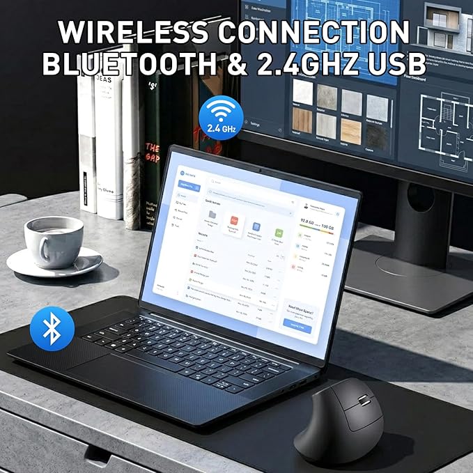 Ergonomic Mouse, Bluetooth and 2.4G Dual Mode Rechargeable Wireless Vertical Mouse, 800/1200/1600 Adjustable DPI, Quiet Clicks,6 Buttons,2.4GHz USB-A Optical Mice for Laptop/MacBook/PC/Desktop-Black