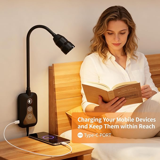 LED Wall Mounted Reading Light with Wave Sensor/Touch Switch, 5 Color & 5 Level Dimmable Touch Bed Lights for Reading with USB C Output, Eye-Care Bedside Reading Light for Bed,Heaboard (Black)