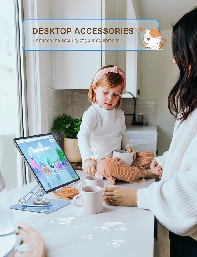 Aoviho Rotating Tablet Stand for Desk - [Adjustable] Drawing Stand for iPad, Portable Aluminum Desktop Holder, Compatible with 4.7–12.9 inch Devices, (Sky Blue)