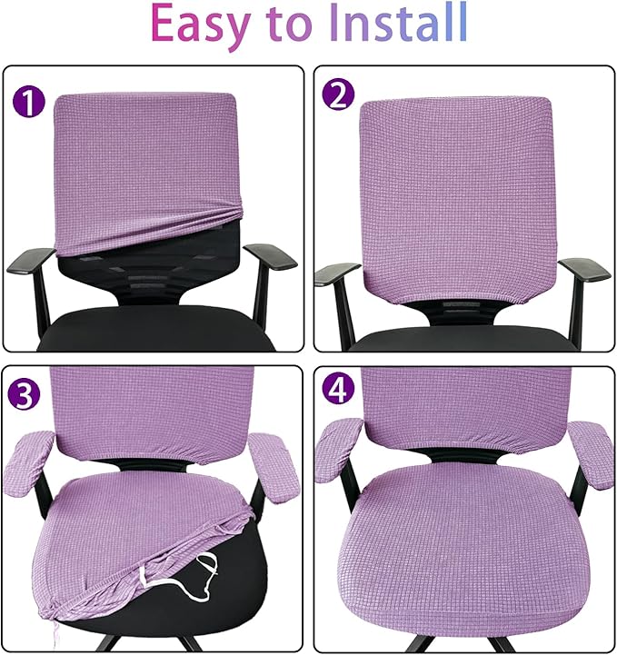 4Pcs Office Chair Covers Stretchable Set Desk Chair Cover Computer Chair Cover with 4 Non-Slip Elastic Straps Protective Armrest Slipcovers Pads Backrest Cushion for Rotating Chair (Purple)