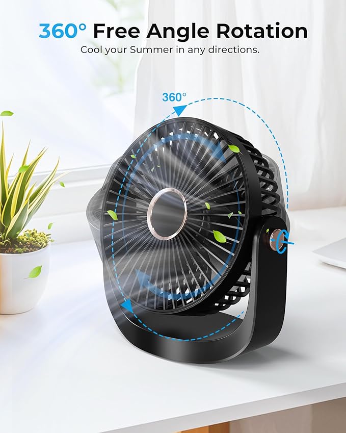 Portable Desk Fan, Rechargeable Table Fan with Night Light USB Electric Desktop Air Circulator Fans, 3000MAh Powerful with 5 Speed 360° Adjustable for Cooling Home Dorm Office Bedroom Bathroom Kitchen