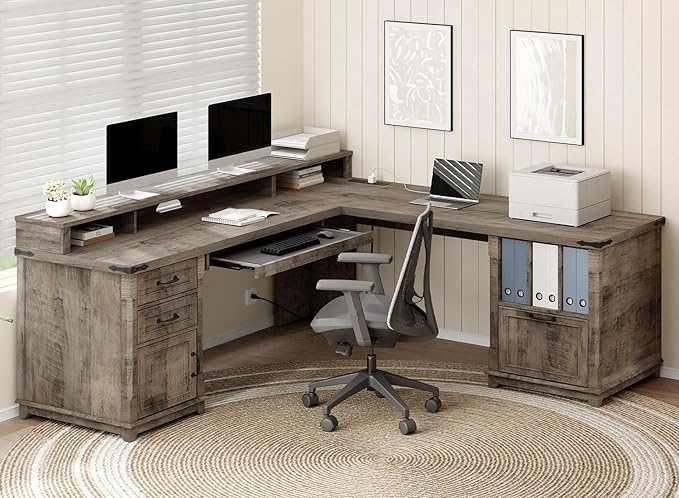 RALGEND Farmhouse 69" Executive L Shaped Desk with Drawer, Home Office Desk with Charging Station, Corner Computer Desk with Monitor Stand, File Drawer, Storage Cabinet, Greige