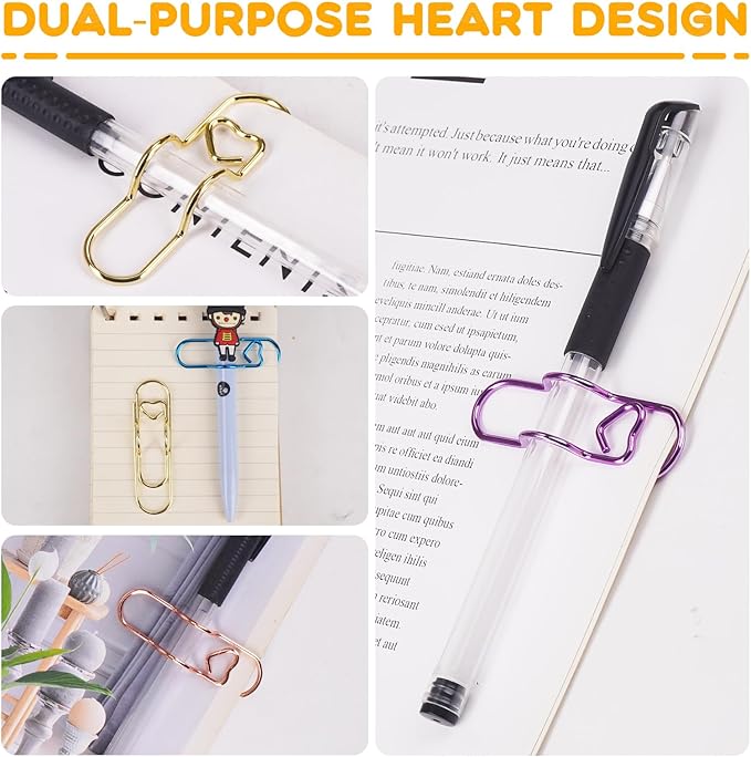 16 Pack QMPRKPE Paperclip Pen Holder for Notebook, Professional Heart Paper Clips Organizer, Multi-Purpose Metal Paper Clip Pen Holder, Vibrant Colors &Easy to Use for Students, Office & School