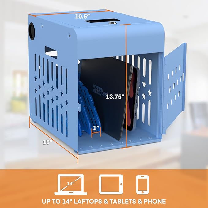 8 Tablet Charging Station Lock Box - Fits 14" Screen, Steel Case & Lockable Door,2 Keys Included - for Chromebook,ipads,Laptop and Tablets - Ideal for Offices, Classrooms and Hospitals(Blue)