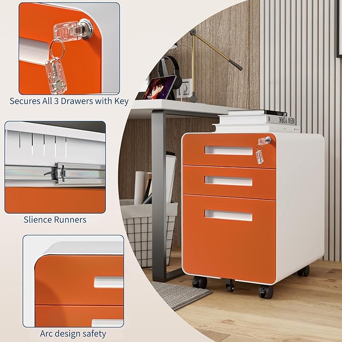 3 Drawer Mobile File Cabinet with Lock, Under Desk Metal Filing Cabinets with Wheels for Home Office Organizer Letters/Legal/A4, Fully Assembled