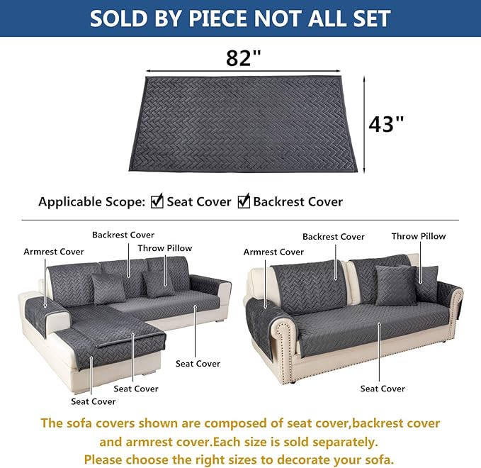 Eismodra Couch Cover,Sectional Couch Covers,Sofa Covers for 3 Cushion Couch,Anti-Slip Sofa Slipcovers for Dogs Cats Kids Loveseat Recliner L Shaped Armrest Backrest,Dark Gray 43''x82''(Only 1 Piece)