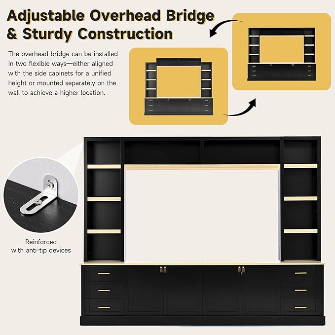 102.3"W Farmhouse 4-Piece Entertainment Center Wall Unit with Adjustable Shelves, Modern Large TV Stand with Bookshelves for TVs Up to 75", Rustic Media Console with 6 Drawers for Living Room, Black