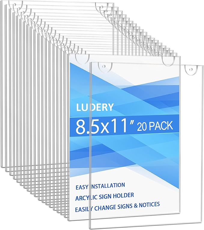 Acrylic Sign Holder 8.5x11 Vertical, Wall Mount Document Holder, Clear Plastic Picture Frame with Tape Adhesive and Screws for Office, Home, Store, Restaurant - 20 Pack