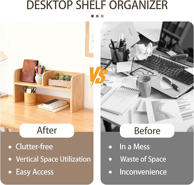 Wood Desk Hutch, Desktop Shelf Organizer with 2-Tier Multipurpose Desk Organizer for Top of Writing Desk, Wooden Book Shelf for Dorm & Office, Natural