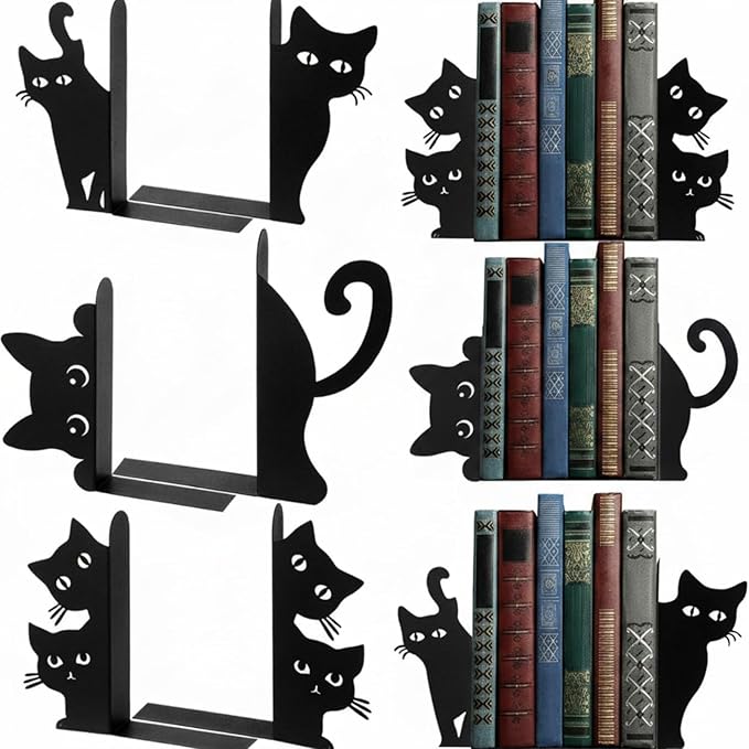 Flutesan 6pcs Black Cat Metal Bookends Cute Cats Bookends for Shelves, Bookshelf Decorative Home Office Desk, Bookstore, Bookshelf Decor Cat and Reading Lovers Gift