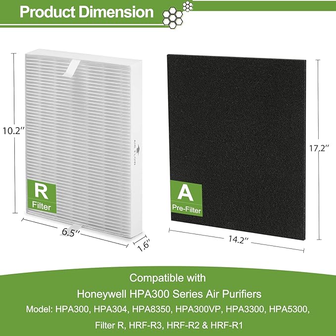 6 Pack HPA300 HEPA Filter Replacement for Honeywell Air Purifiers HPA300 Series, HPA300, HPA304, HPA8350, HPA300VP, HPA3300b, HPA5300, Replace HRF-R3, Pack of 6 HEPA R and 8 Pre filters A HRF-AP1