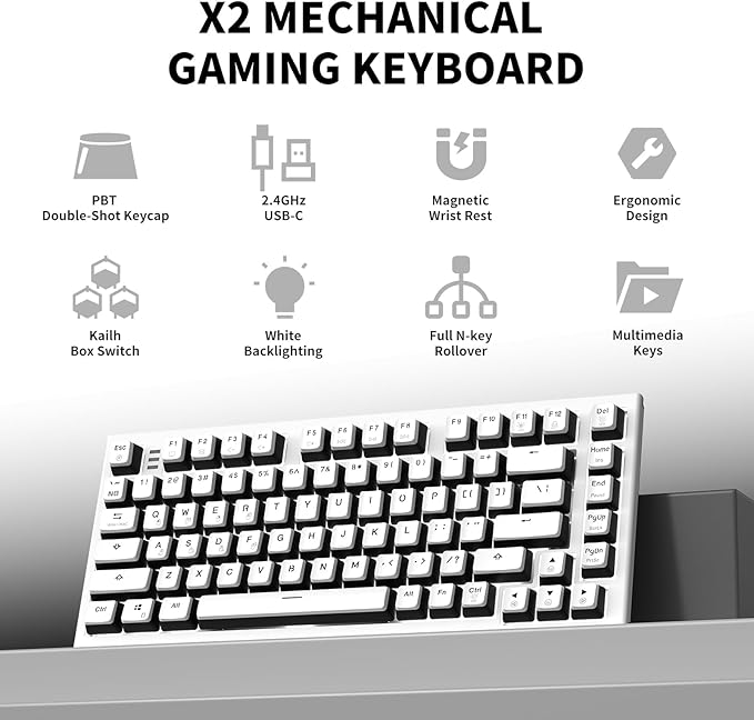 Hexgears X2 TKL Wireless Mechanical Gaming Keyboard with Magnetic Wrist Rest, Dual-Mode 2.4GHz/USB-C Ergonomic Keyboard, Pre-lubed Linear Switches, White LED Backlit Computer Gaming Keyboards