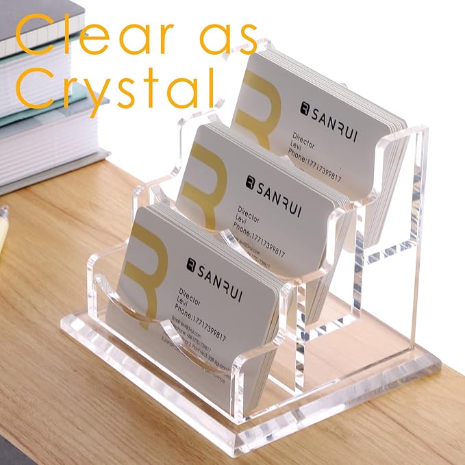 SANRUI Acrylic Business Card Holder for Desk, Horizontal Clear Name Card Display Stand Desktop Display Stand for Business Cards, Business Card Organizer, Perfect for Offices & Professionals 3 Slots