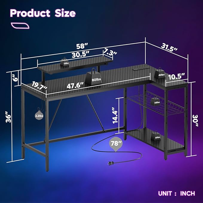 Bestier 58 L Shaped Gaming Desk with LED Lights & Power Outlets,Reversible Home Office Corner Desk with Shelves,Larger PC Workstation with Hooks for Studying,Desk for Bedroom,Carbon Fiber Black
