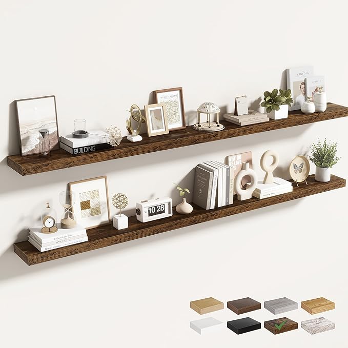 Acovy 72 Inch Floating Shelves for Wall 2 Pack, 72" Wall Shelves for Books, Storage, Decor, Wall Mounted Floating Shelf with Invisible Brackets for Kitchen, Living Room, Brown