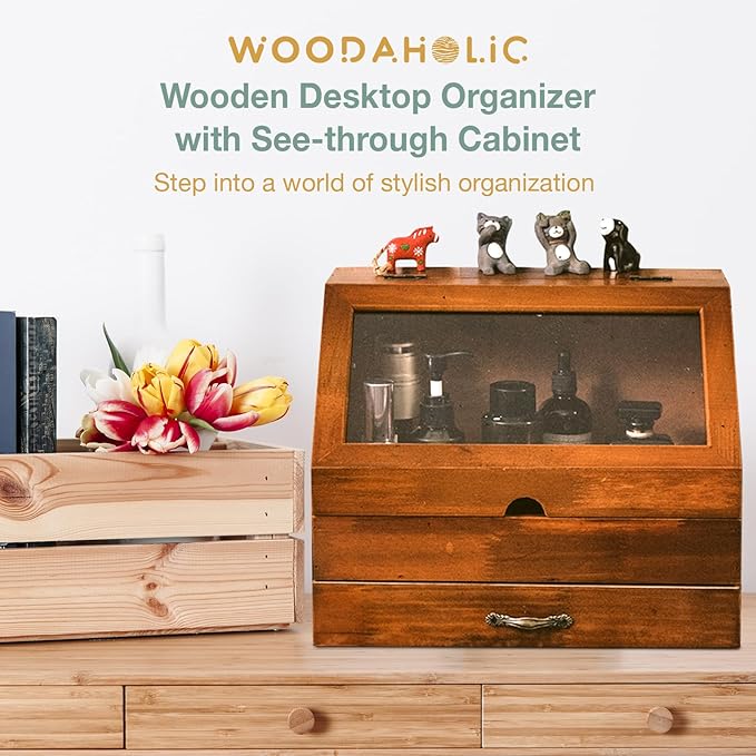 Vintage Tabletop Organizer with Glass Top Compartment -2-Tier Display Cabinet for Desk - Wooden Desktop Storage Box with Drawer and See-through Cabinet - Mahogany Brown Organizing Unit