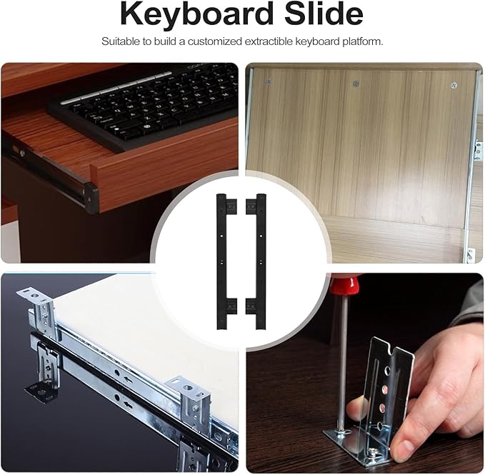 Veemoon Under Desk Keyboard Sliding Rails, 14-23 Inch Ball Bearing Slides Hardware Kit Pull Out Computer Keyboard Tray Slides Adjustable Hanging Rail Bracket Telescopic Drawer Runners (27MM Width)