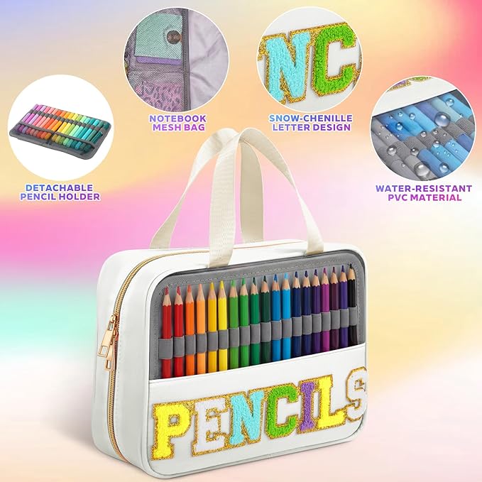 Hillban 108 Slots Large Colored Pencil Case with Chenille Letter Patch Extra Large Capacity Interlayer Pencil Holder Organizer with Handle Zipper Portable Storage Bag Graduation Gift for Artist(White)
