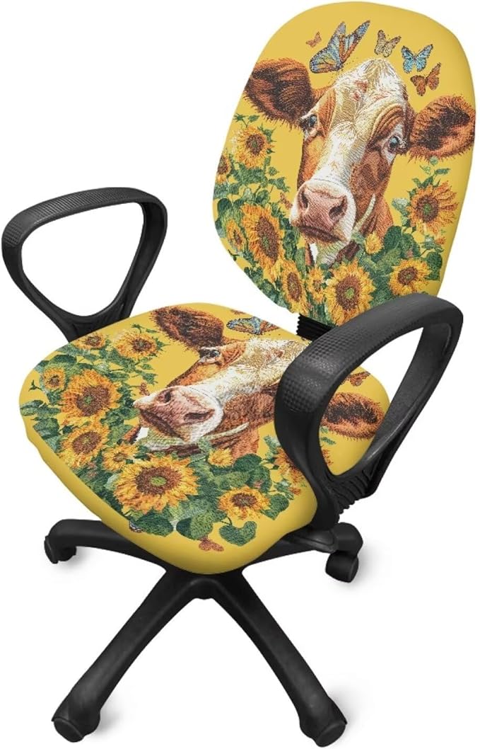 GLENLCWE Sunflower Cow Butterfly Computer Office Chair Covers Protective Stretchable Chair Cover Rotating Chair Slipcover Desk Armchair Cover Suitable for Computer Chairs Office Chairs