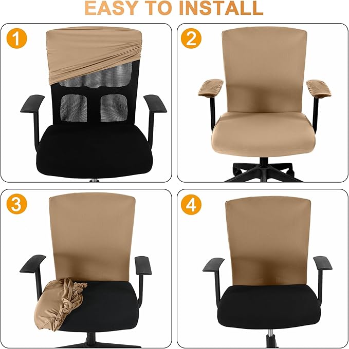 Tallew 4 Pcs Office Chair Covers Set Computer Universal Protective Stretchable Chair Seat Covers Desk Armrest Cover Pads Office Cushion Backrest for Rotating(Regular,Camel)