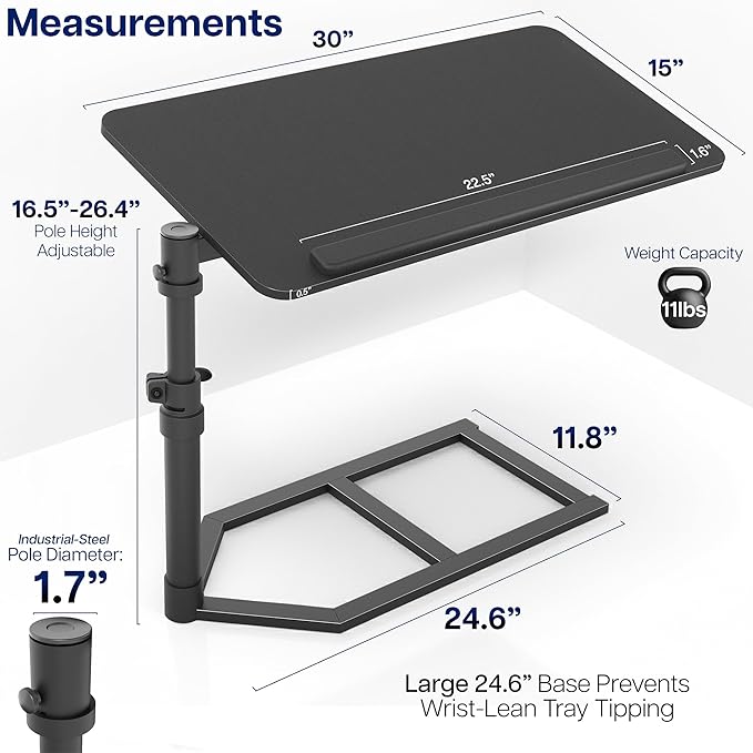 Height Adjustable Under Mattress 30 inch Bedside Desk, Works with Lofts and Beds Without Frames, Tilting Desktop, Fits Laptops, Books, and More, Black