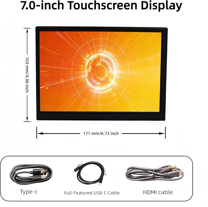 7-inch IPS Touchscreen Bar Display, 1024x600, Metal Shell, Type-C/HDMI. for Raspberry Pi, Laptop Aida64, GPU/CPU Monitoring, PC Case Screen. (P70D-T)