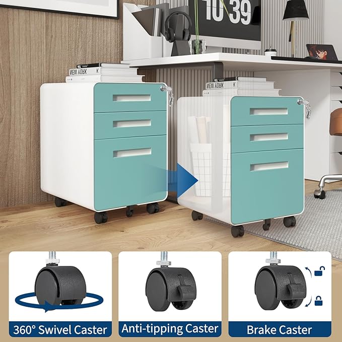 3 Drawer Mobile File Cabinet with Lock, Under Desk Metal Filing Cabinets with Wheels for Home Office Organizer Letters/Legal/A4, Fully Assembled
