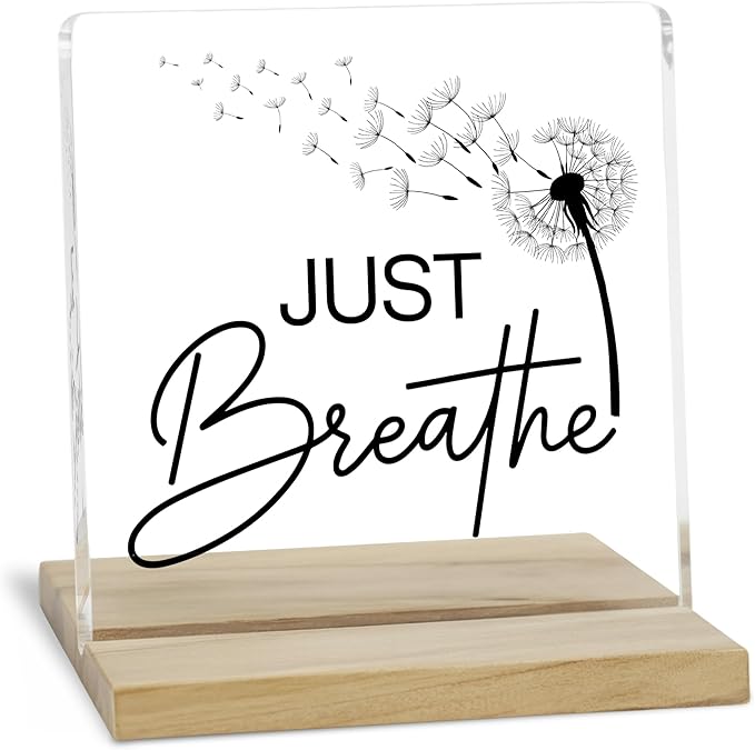Just Breathe Desk Decor Sign, Inspirational Yoga Acrylic Decor for Home Office