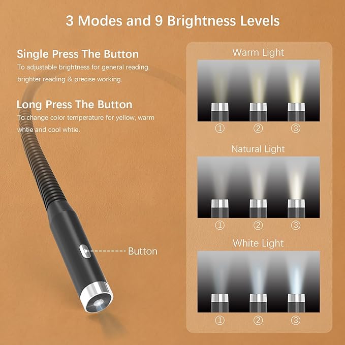 LED Neck Reading Light, 3-Color & 3-Brightness Adjustable Bendable Neck Light, USB Rechargeable Book Light for Reading in Bed, Knitting, Crochet, Camping, Working, Book Lovers Gifts (Black)