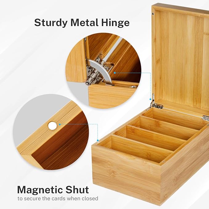 MaxGear Index Card Holder, 4 x 6Inch Wooden Business Card Organizer for Desk with 3 Dividers, Bamboo Index Cards Box with A-Z Tabs Holds 600 Cards for Recipe Flash Storage
