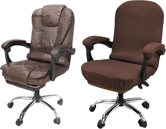 NeColorLife Stretchable Office Chair Cover with Armrest Covers – High-Back Desk Chair Slipcover, Checked Jacquard Fabric, Washable (Large Size, Coffee)